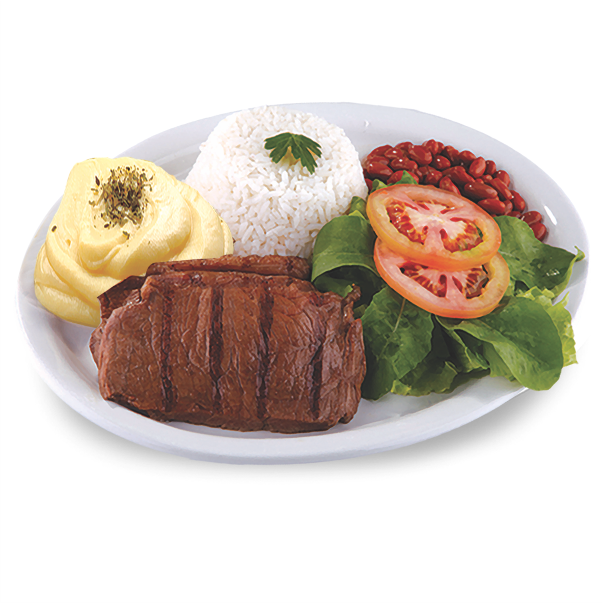 Contra Filé grelhado, Purê de batatas e Salada Verde - Prato 102 